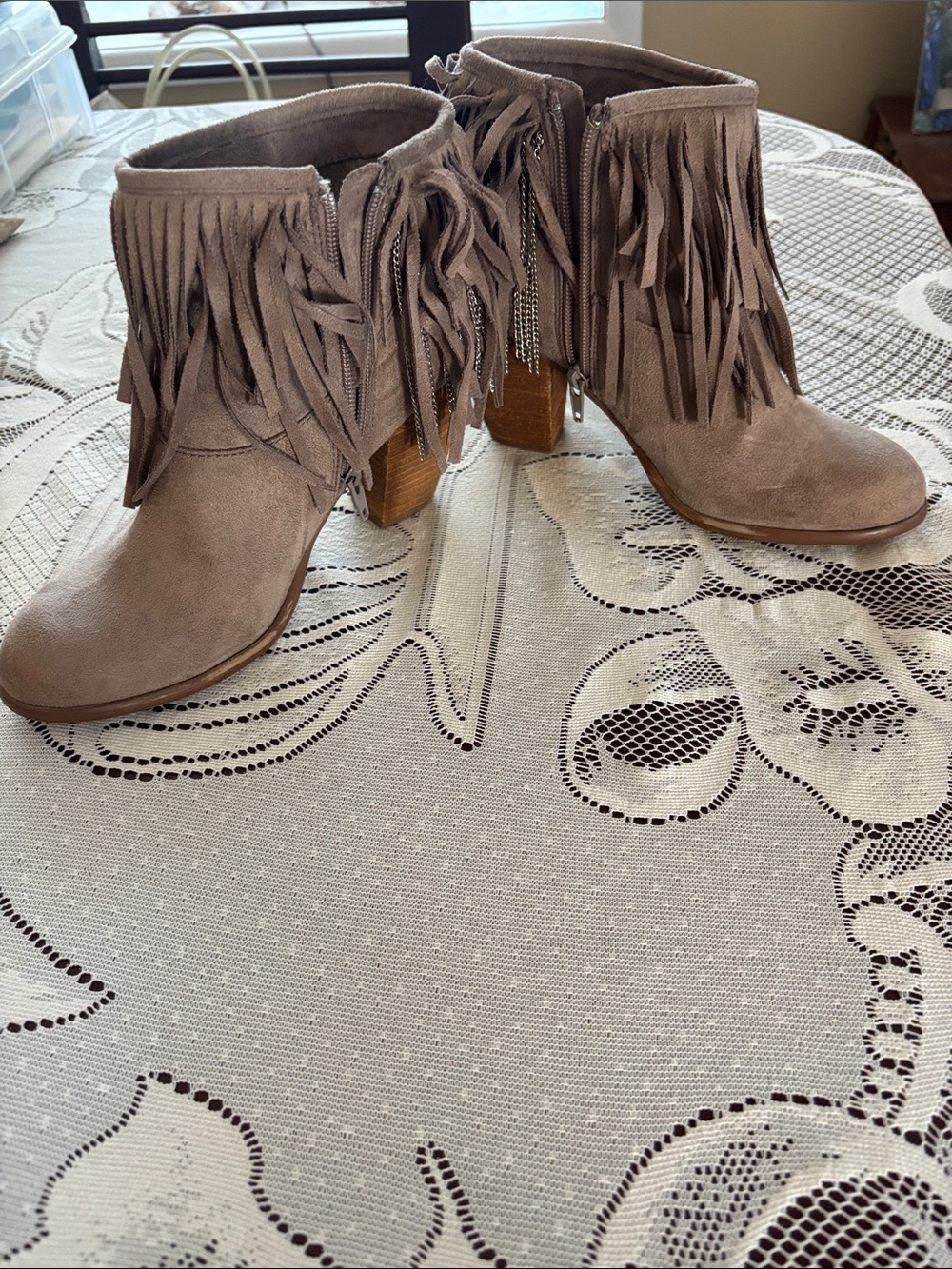 Not Rated Taupe Fringe Suede Ankle Booties